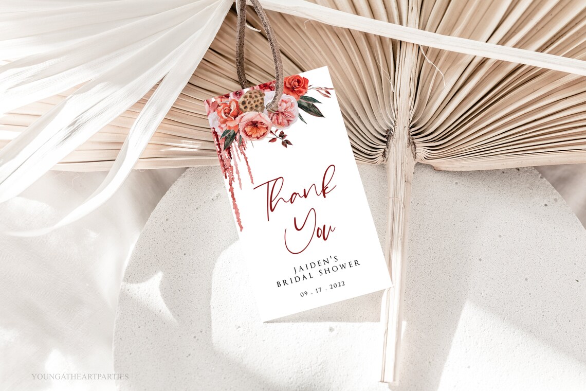 Floral Thank You Favor Tag Bridal Shower Boho Red Pink Party Print