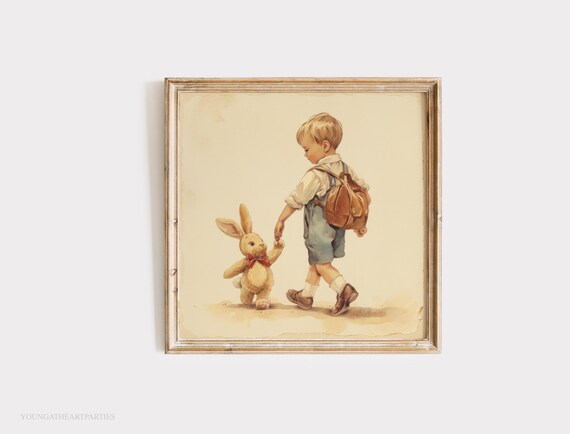 Vintage Boy with Stuffed Bunny First Day School Nursery Art Print