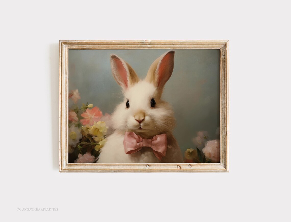 Vintage Easter Bunny Oil Painting Print White Easter Rabbit With Bow Wall Art Cute Easter Bunny Wall Art Home Decor - Image 2