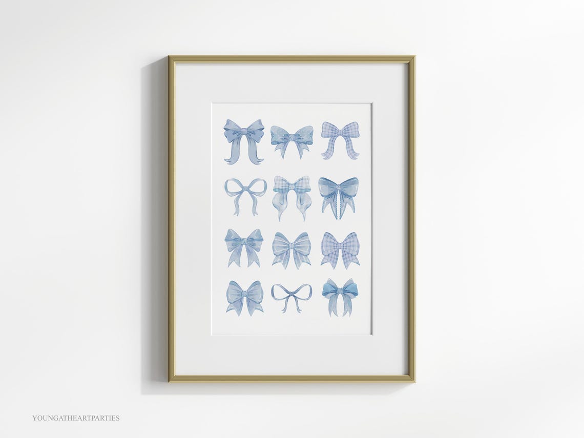 Blue Watercolor Bow Grid Coquette Nursery Decorative Art Poster - Image 6