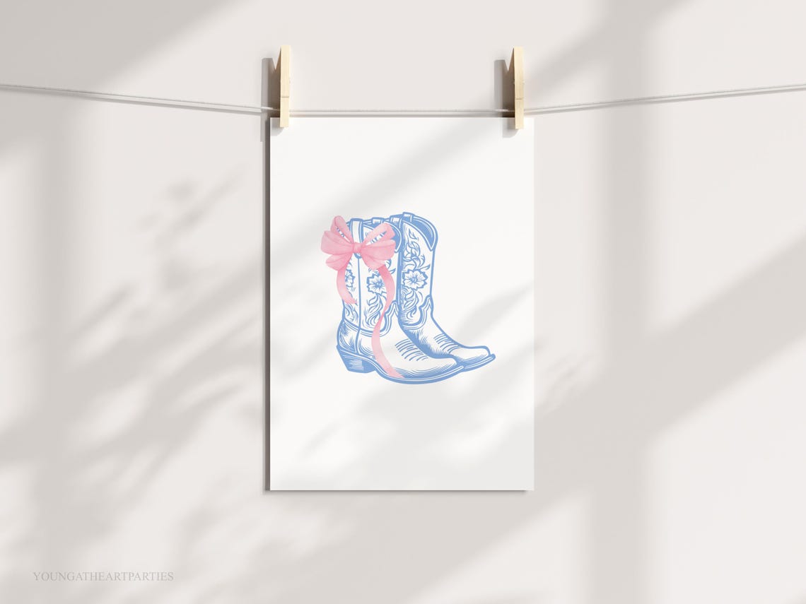 Coquette Blue Cowboy Boots Print Vintage Western Wall Art Cowgirl Poster Wild West Pink Bow Home Decor Trendy Cowgirl Art - Image 2