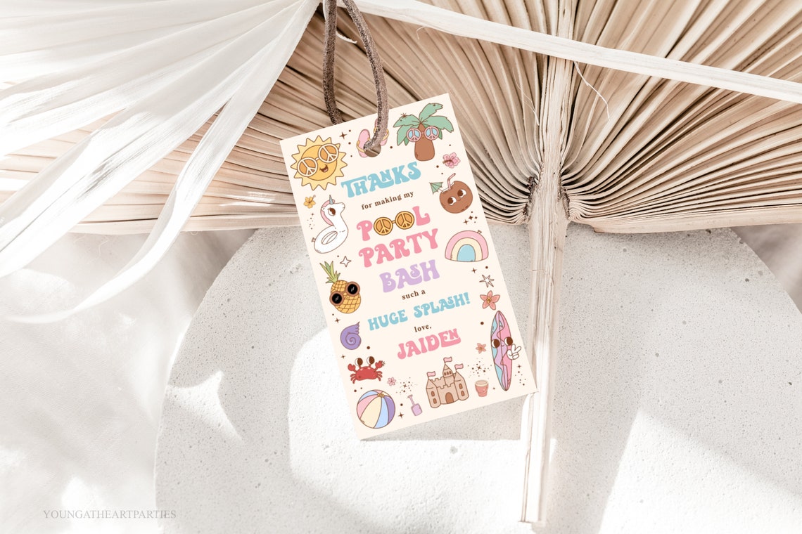 Groovy Pool Party Thank You Tag Retro Beach Summer Bash Print