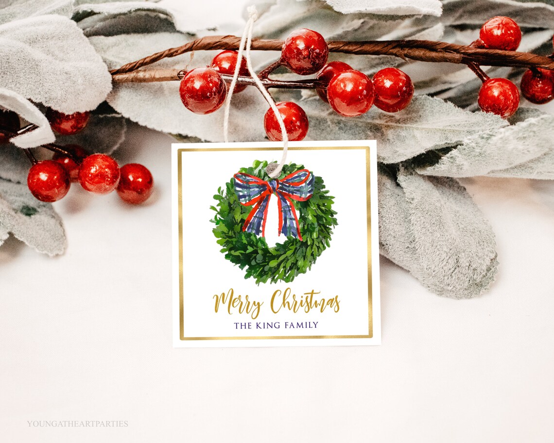 Boxwood Wreath Merry Christmas Gift Tag Plaid Bow Holiday Favor Print