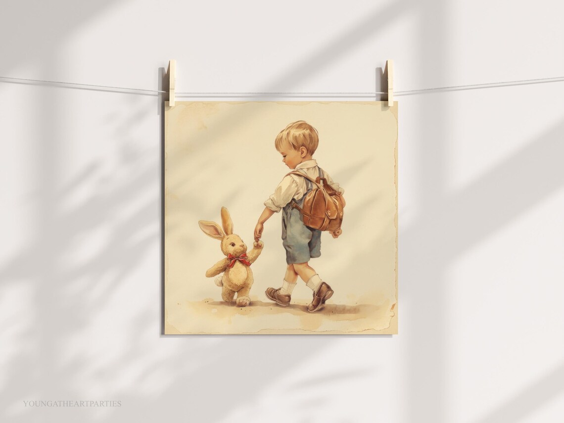 Vintage Boy with Stuffed Bunny First Day School Nursery Art Print - Image 4