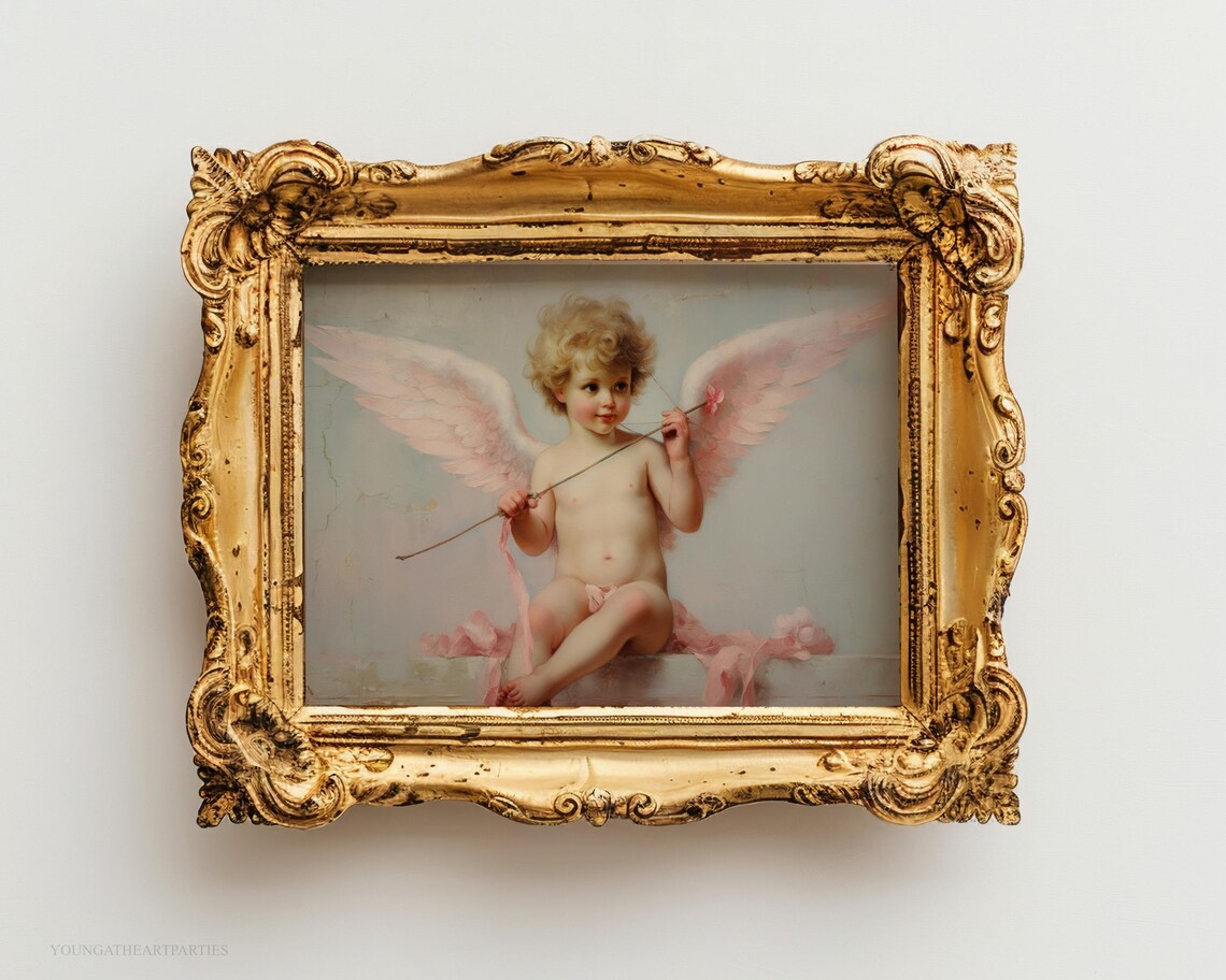 Vintage Cupid Cherub Oil Painting Valentine Angel Pink Wings Art Print