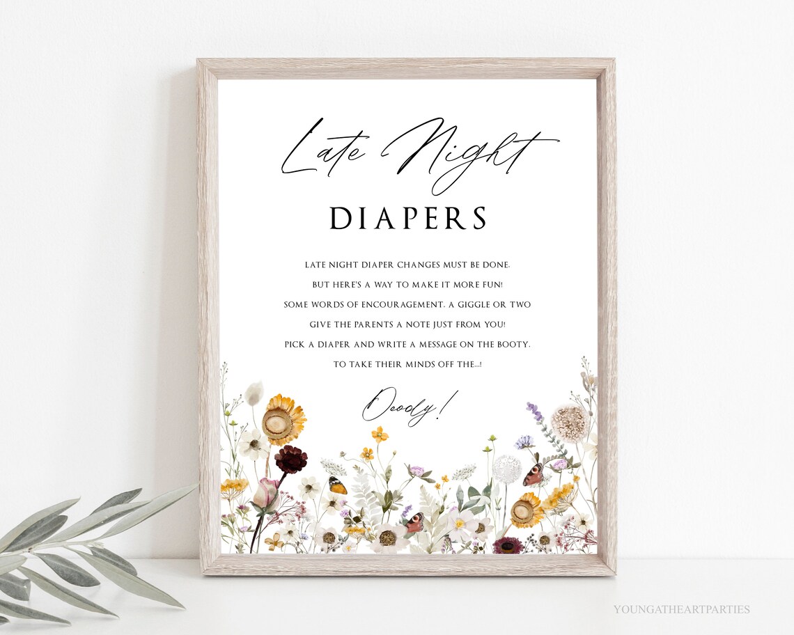 Late Night Diapers Wildflower Baby Shower Party Game Sign Poster