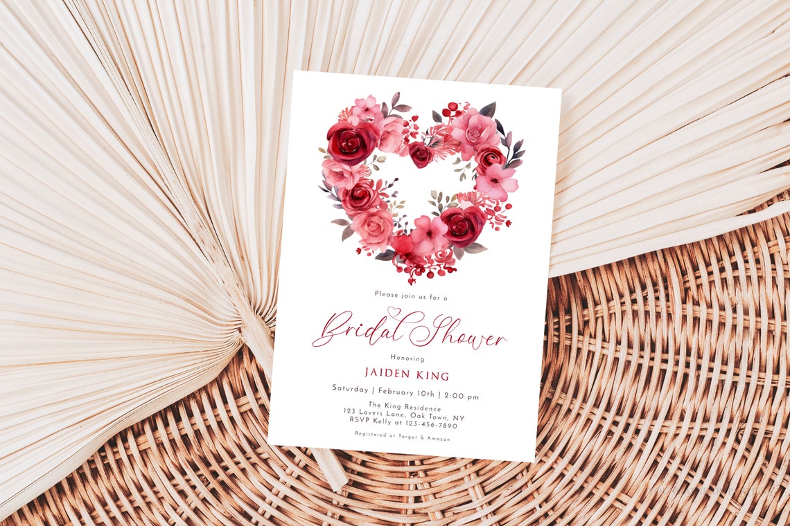 Red Pink Floral Heart Bridal Shower Valentines Invitation Print - Image 4
