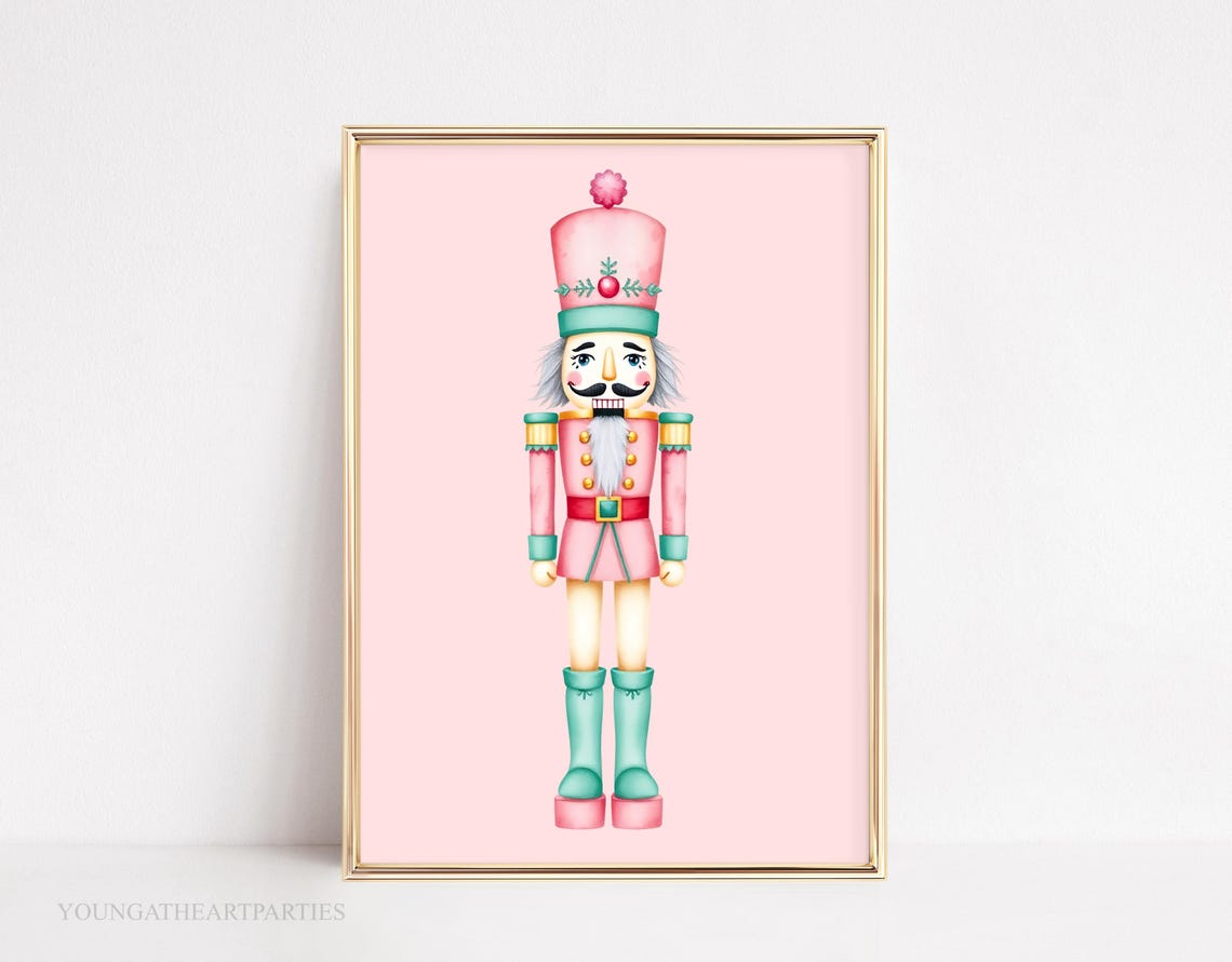 Pastel Pink Mint Nutcracker Christmas Art Print Holiday Wall Decor