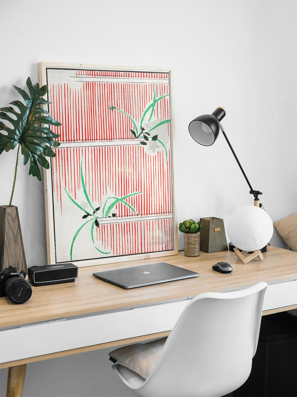 Retro Red Striped Flower Botanical Japanese Woodblock Art Poster - Image 2