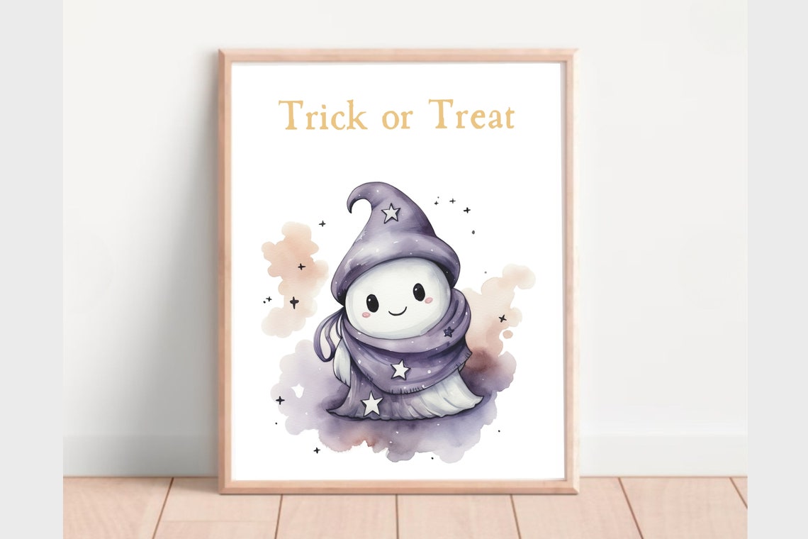 Trick or Treat Ghost Wizard Watercolor Kids Halloween Nursery Poster - Image 2