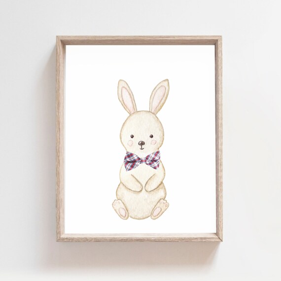 Bunny Wearing Red Plaid Bow Tie Cute Watercolor Nursery Poster