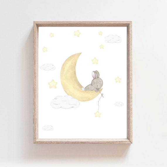 Baby Bunny Nursery Print Woodland Nursery Decor Watercolor Bunny Moon And Stars Poster Wall Art Kids Room Decor Neutral Decor