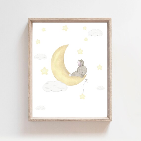 Bunny Moon Stars Watercolor Sleeping Rabbit Dreamy Nursery Poster
