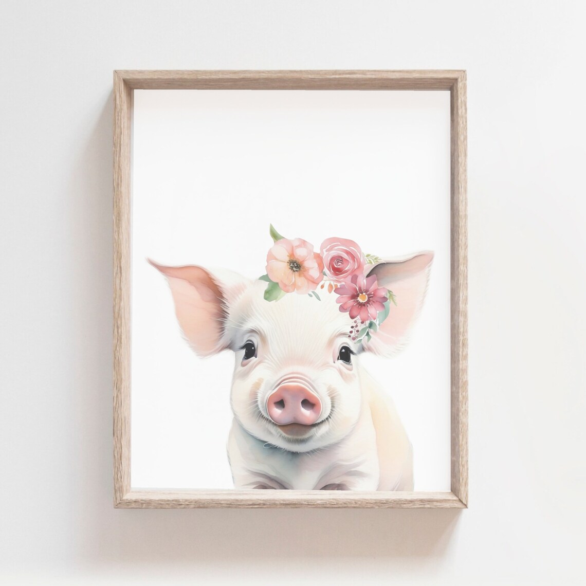 Sweet Cute Baby Pig Pink Flower Crown Watercolor Nursery Poster