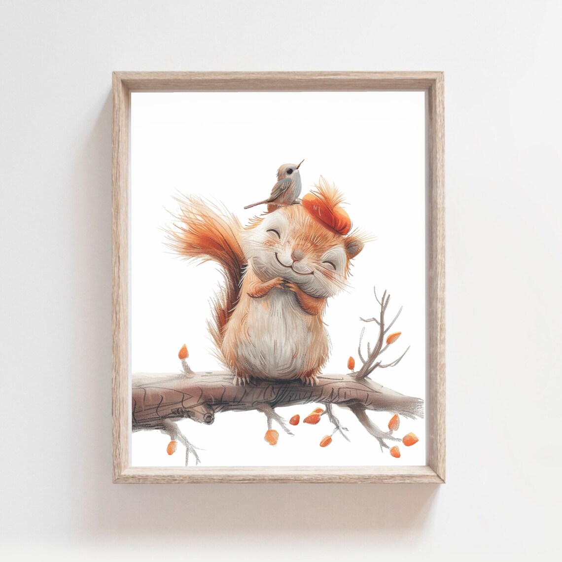 Watercolor Squirrel Branch Bird Woodland Autumn Kids Room Poster