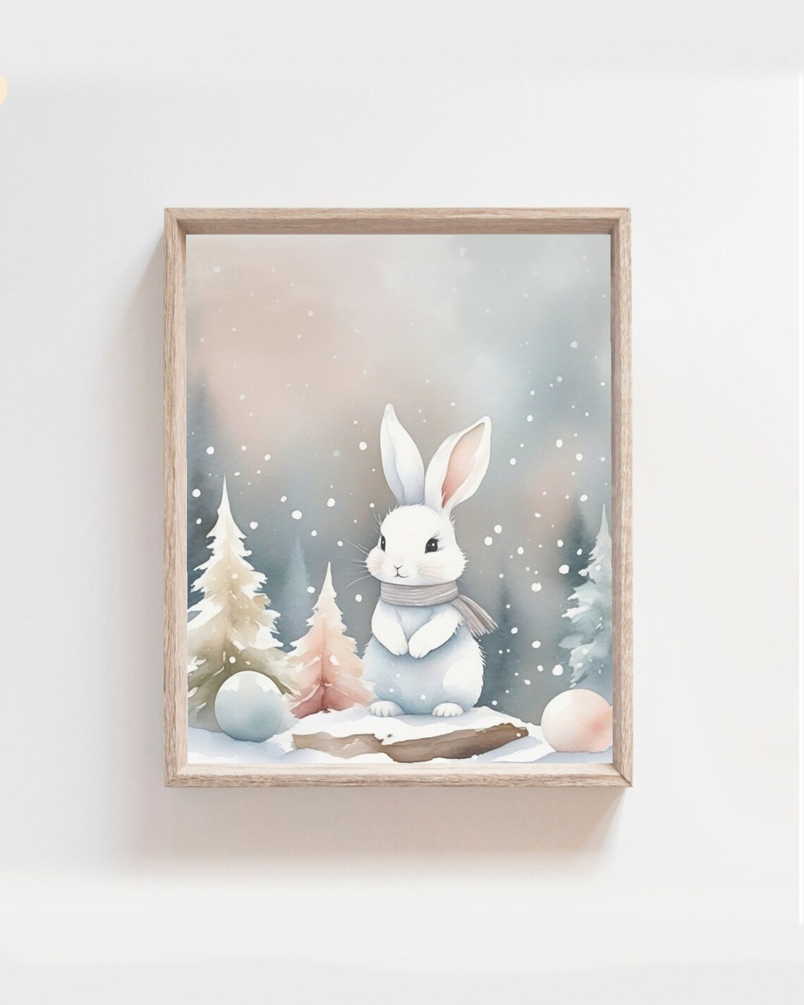 White Bunny in Snow Winter Scene Watercolor Christmas Wall Poster