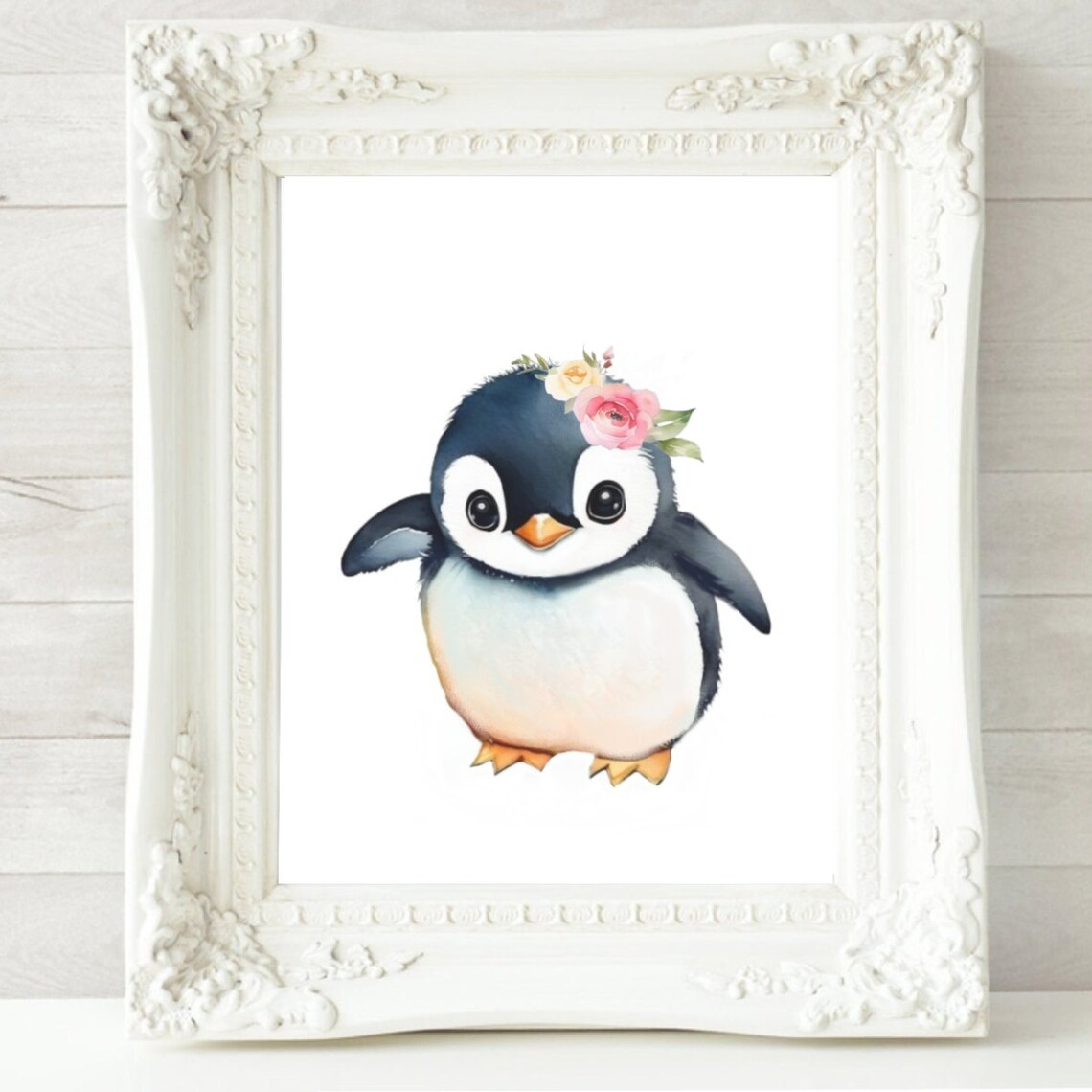Watercolor Penguin Flower Crown Baby Animal Nursery Room Poster - Image 2