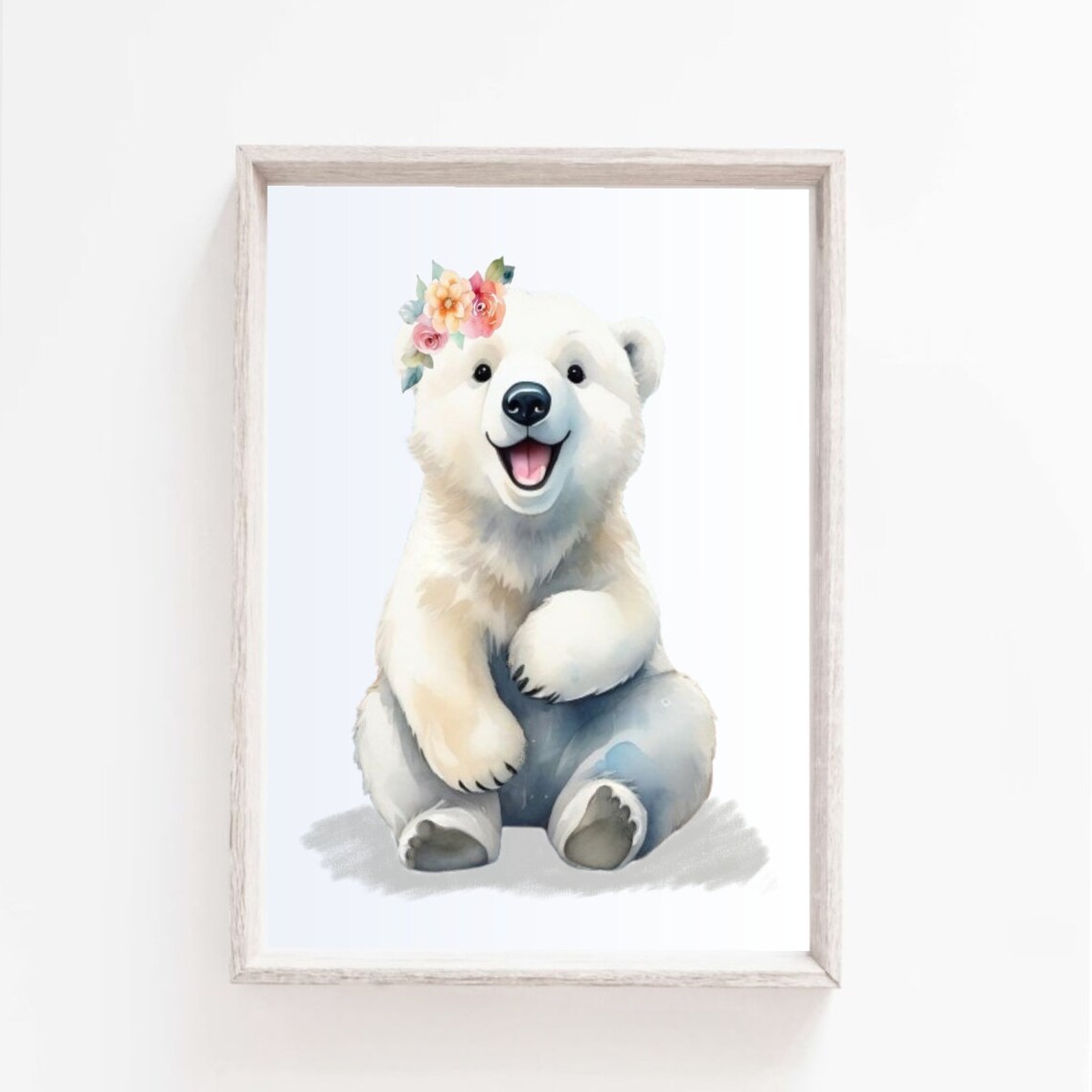 Smiling Polar Bear Cub With Flower Crown Watercolor Kids Nursery Poster