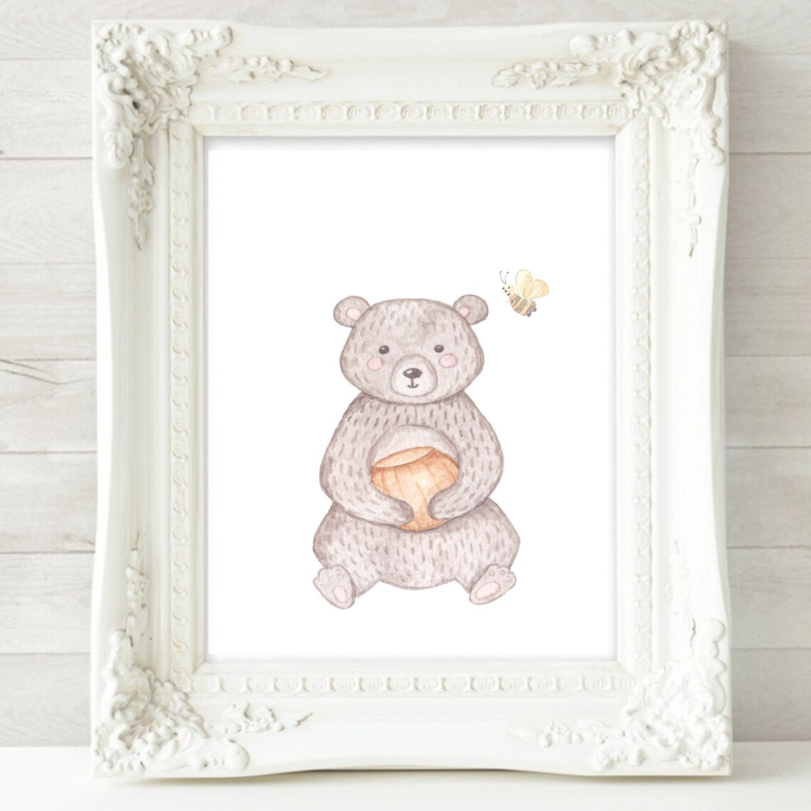 Sweet Bear Hugging Honey Pot With Little Bee Watercolor Poster - Image 2