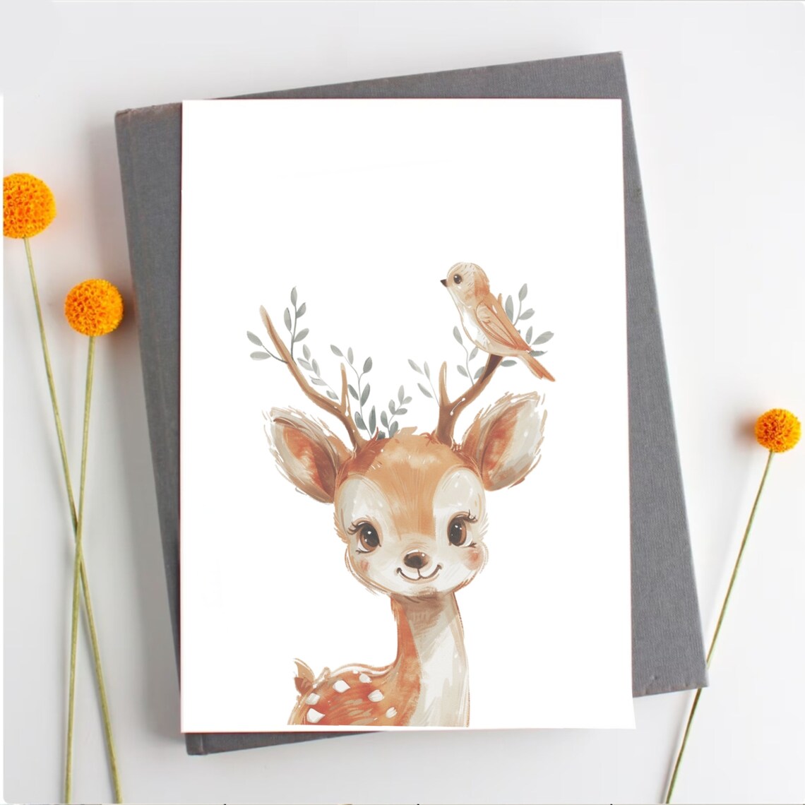 Watercolor Deer Fawn Bird Woodland Animal Nursery Kids Poster - Image 2