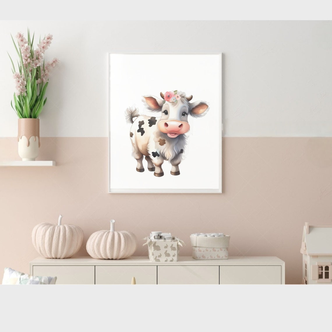 Baby Cow Calf Wall Art Print Floral Crown Farmhouse Girls Nursery Poster Cow Flower Poster Baby Girl Art - Image 2