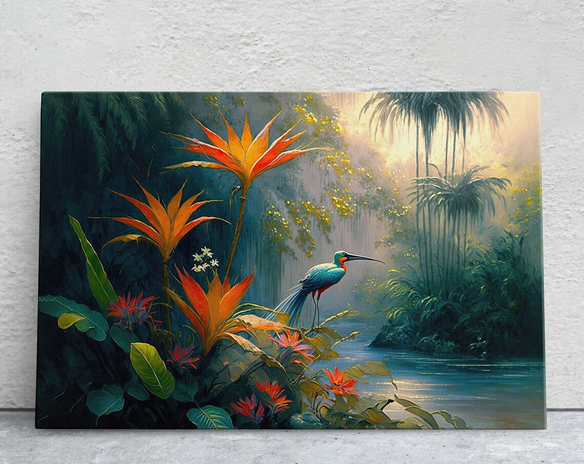 Jungle Flower Bird, Oil Painting Landscape Art Print