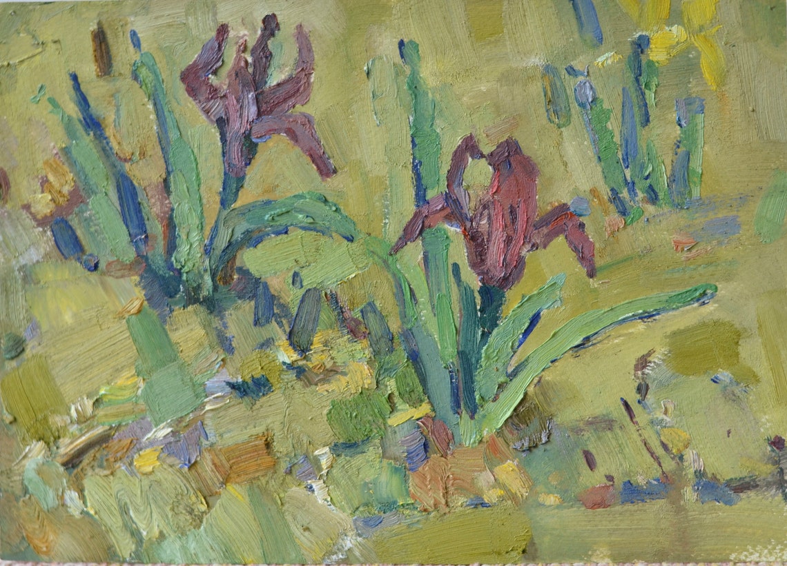 Burgundy Irises Blooming On Green Grass Spring Floral Wall Art - Image 4