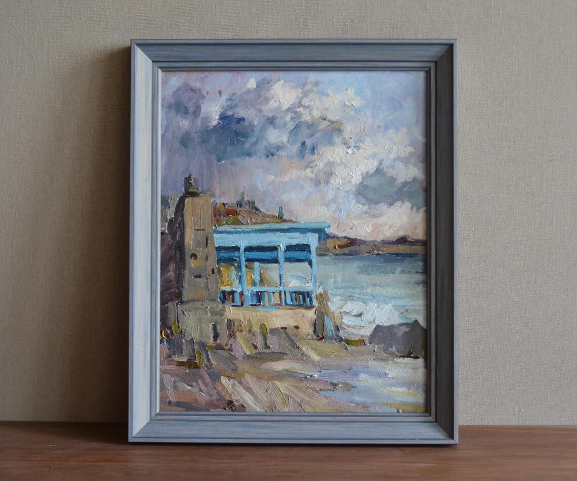 Stormy Seascape Beach Pavilion Old Tower Beach Oil Painting Framed Wall Print