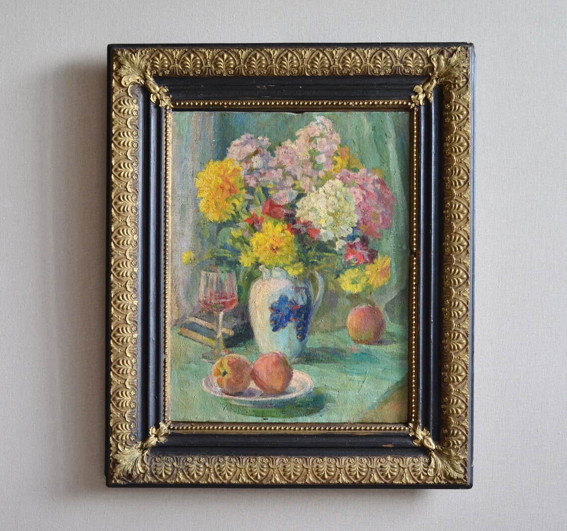 Antique Kitchen Still Life Flower Bouquet Peaches Wine Glass Print