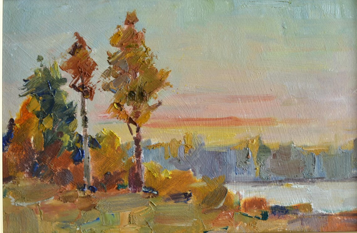 Original Framed Landscape Oil Painting Autumn Landscape With Trees And Forest Near The River Nature Scene European Fine Art One Of A Kind - Image 2