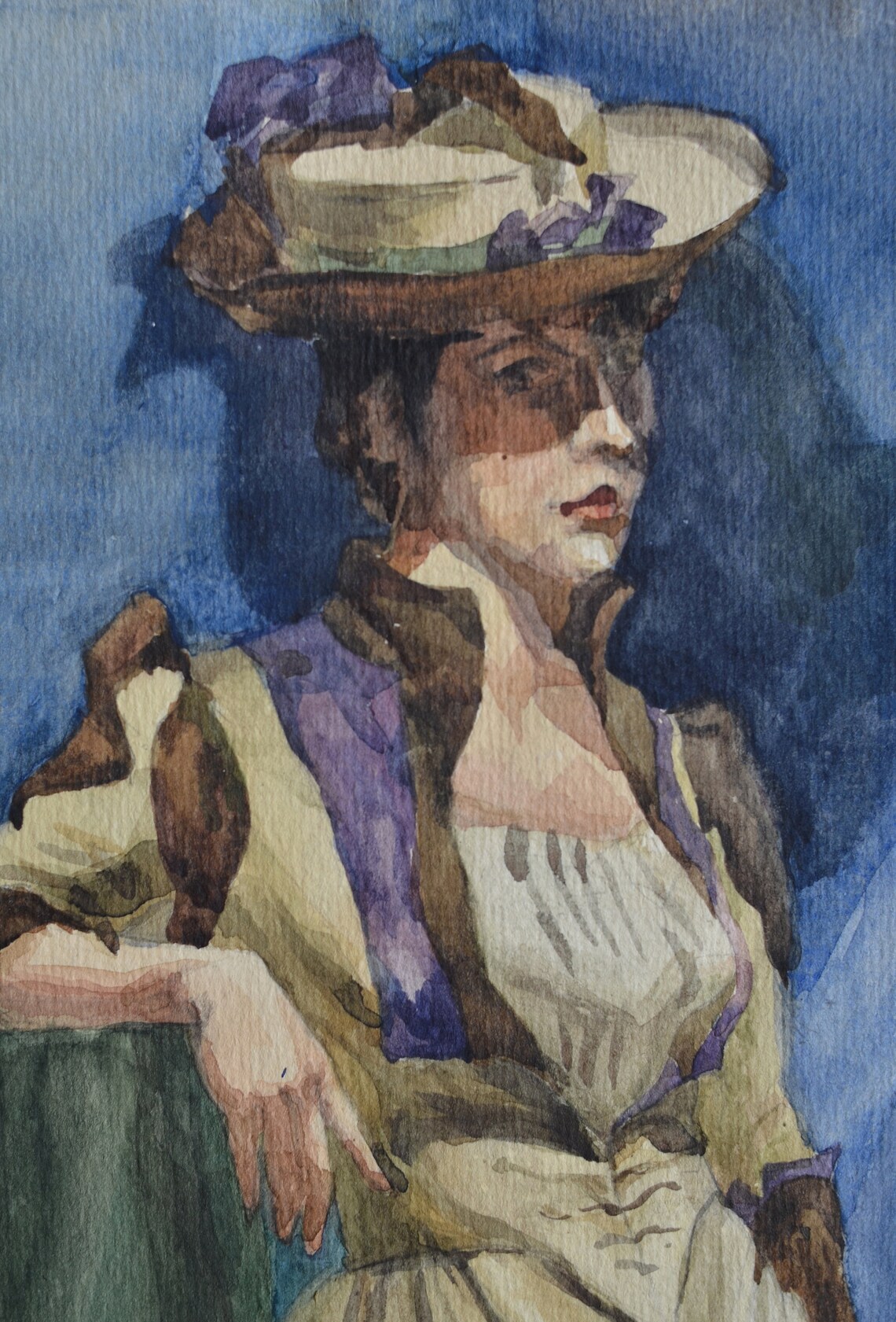 Antique Watercolor Female Portrait Woman in Cream Gown Blue Drapery Art Print - Image 2