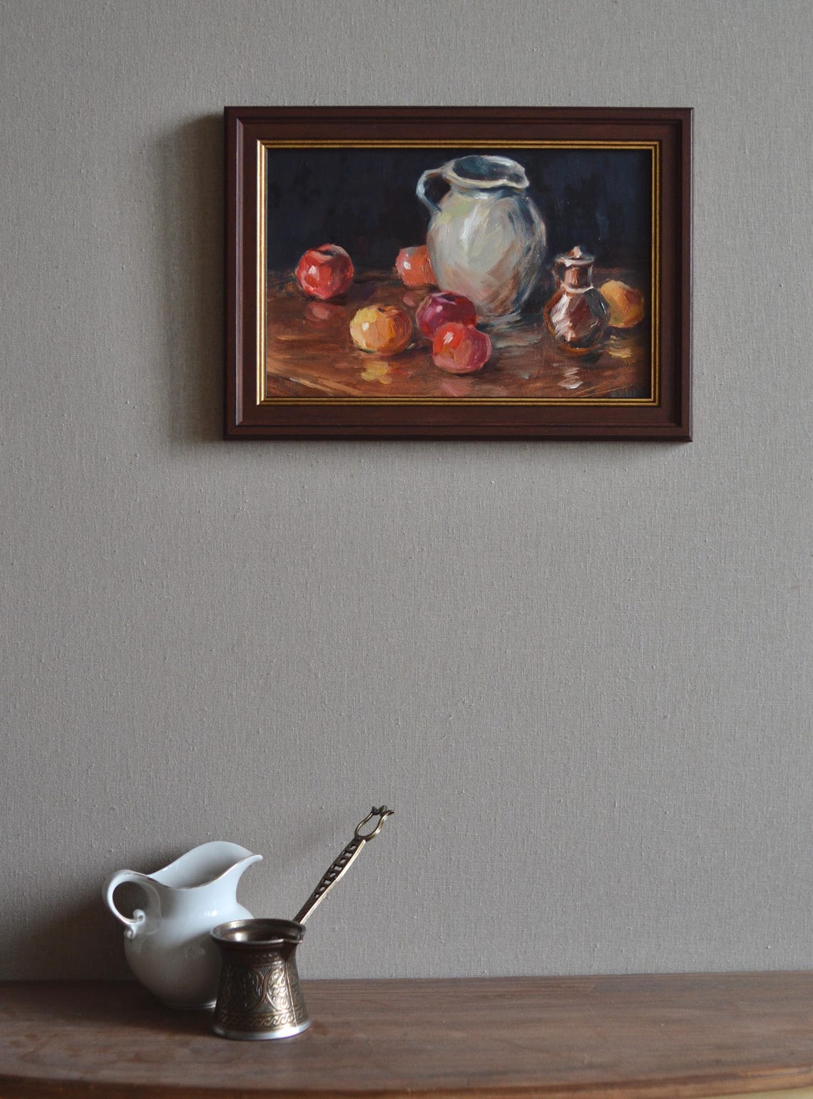 Dark Moody Still Life With White Jug And Colorful Apples Wall Art - Image 4