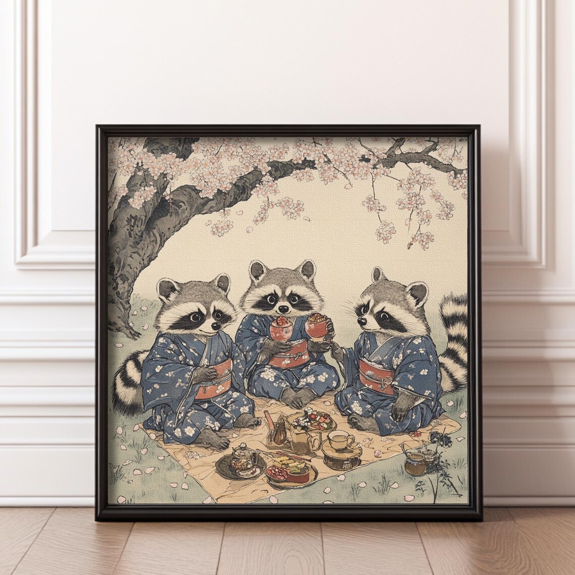 Three Raccoons Kimono Tea Party Cherry Blossom Cute Japan Poster