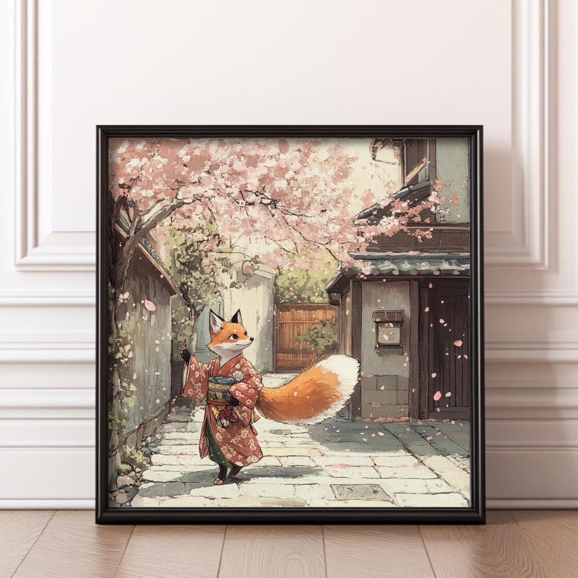 Kimono Fox Under Cherry Blossoms Stone Path Cute Japan Animal Poster