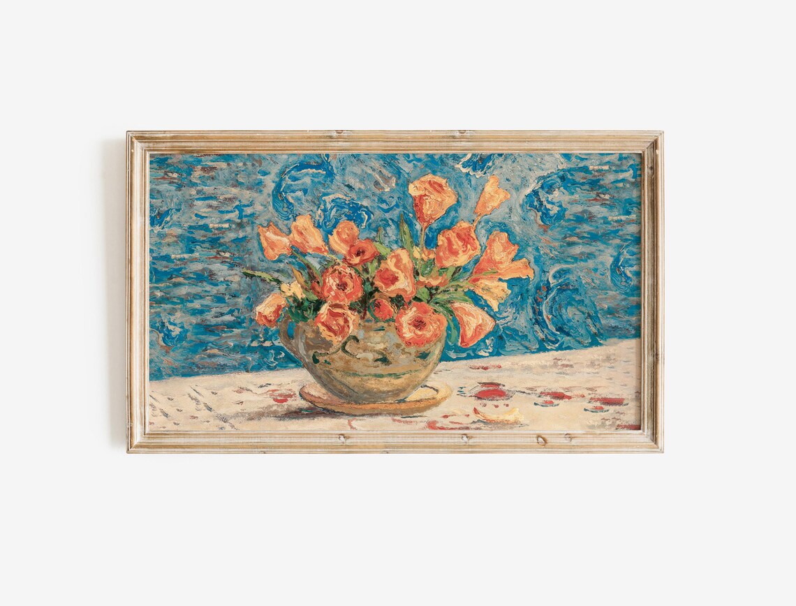 Orange Poppies Vase Swirling Blue Background Expressive Floral Still Life Poster - Image 4