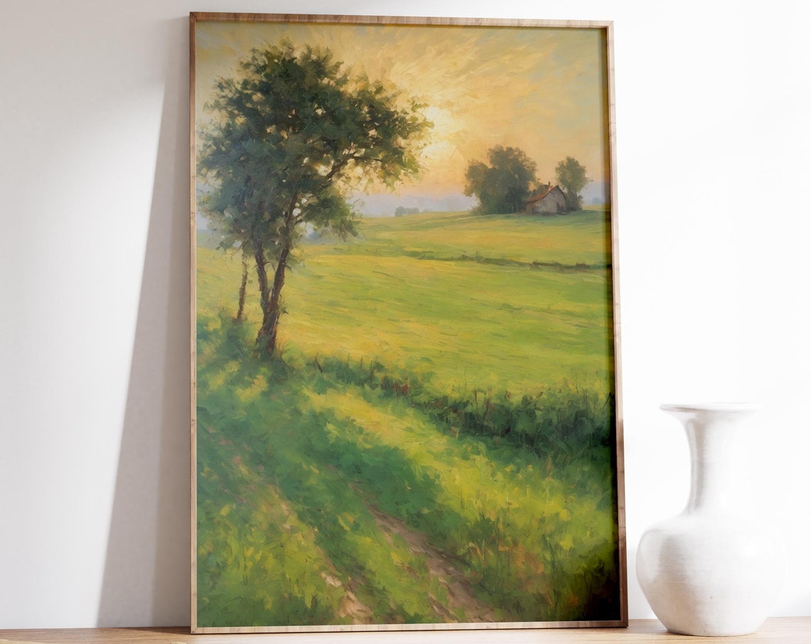 Golden Sunset Countryside Meadow Vintage Oil Painting Landscape Poster - Image 5