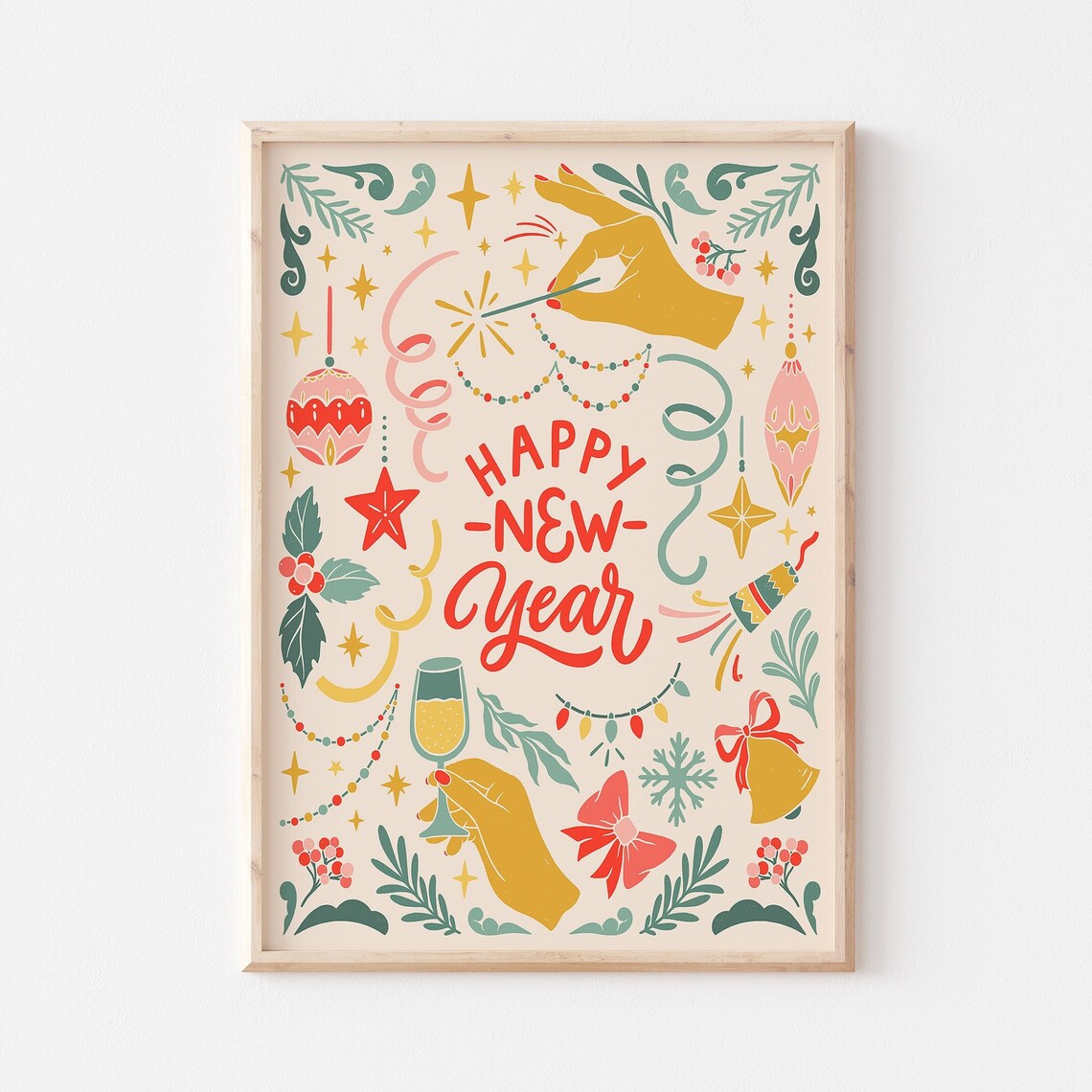 Retro New Year 2024 Art Print, Vintage Winter Decor