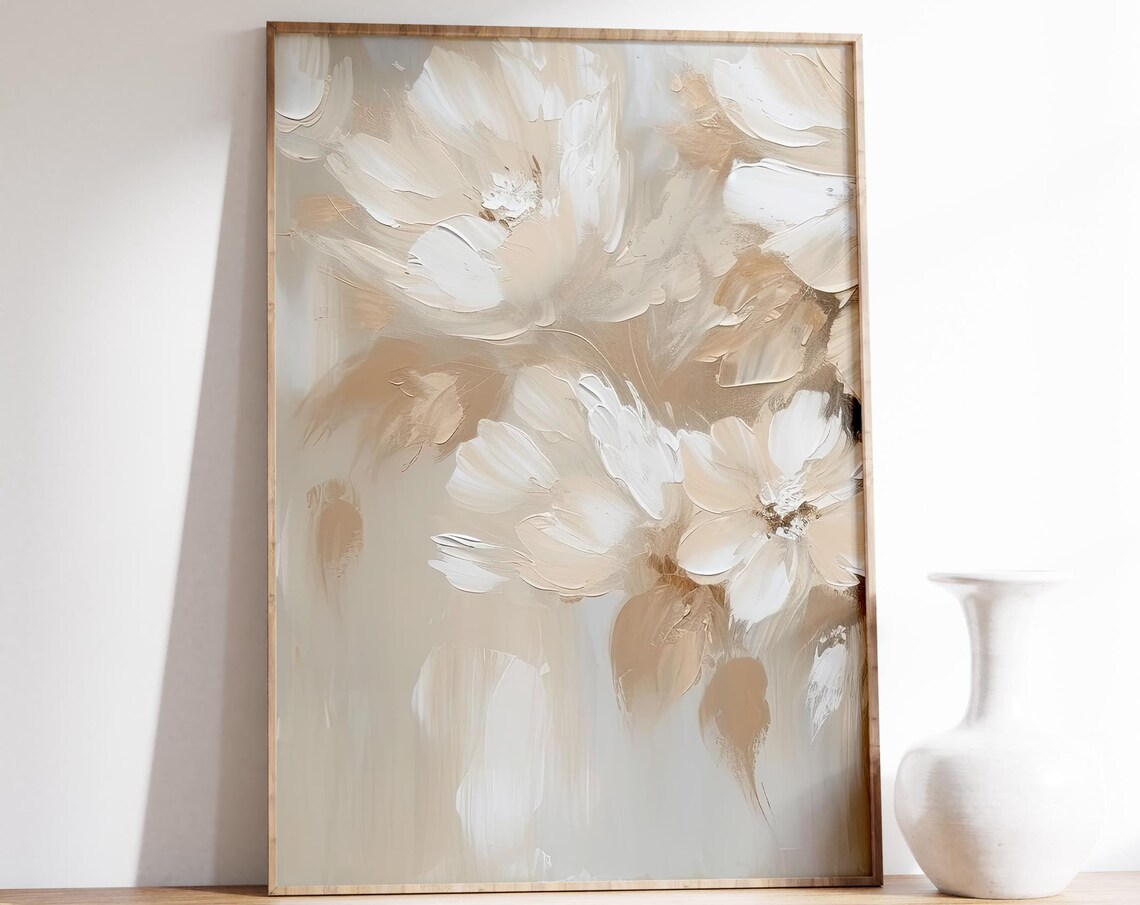 Abstract Beige Flowers Textured Impasto Floral Painting Poster