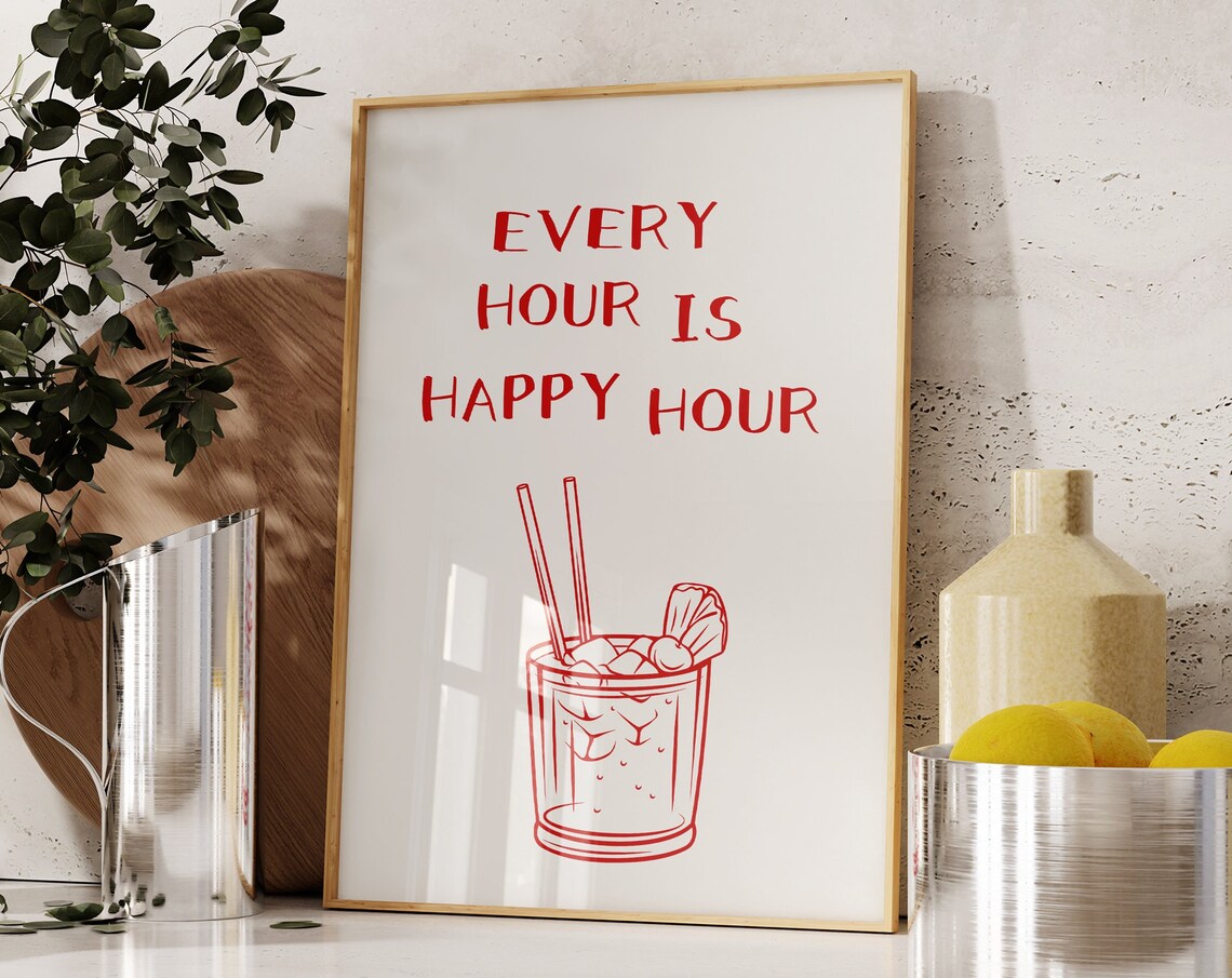 Every Hour Is Happy Hour Funny Retro Cocktail Bar Cart Poster