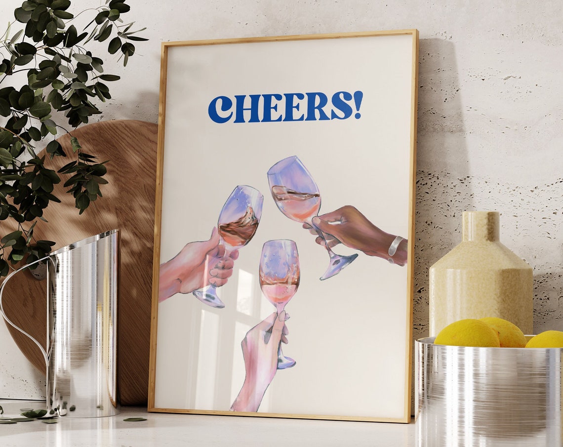 Cheers Blue Lettering Watercolor Rose Wine Toast Party Wall Art