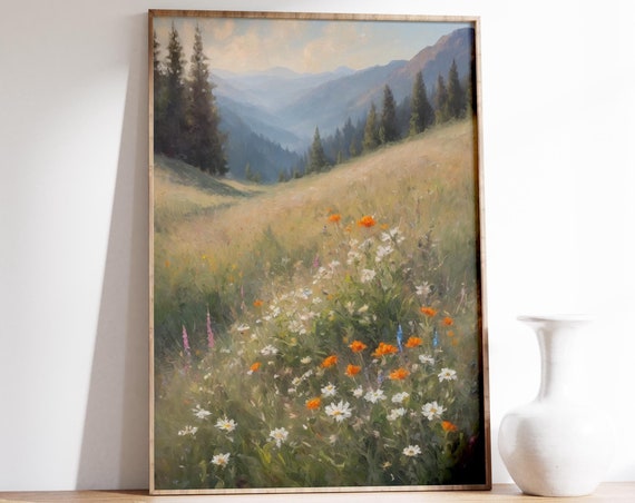 Mountain Landscape Wildflower Field Oil Painting Vintage Art Prints Cottagecore Decor Moody Wildflower Print