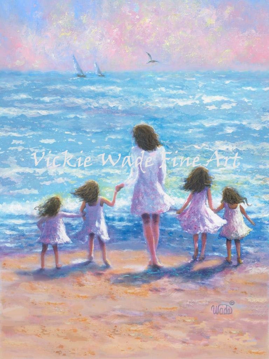 Mother and Four Daughters Walking on the Beach at Sunset Poster
