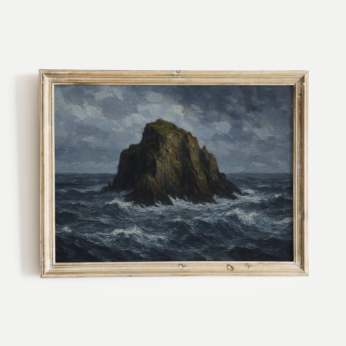 Rocky Island Stormy Sea Dramatic Waves Vintage Oil Painting Poster