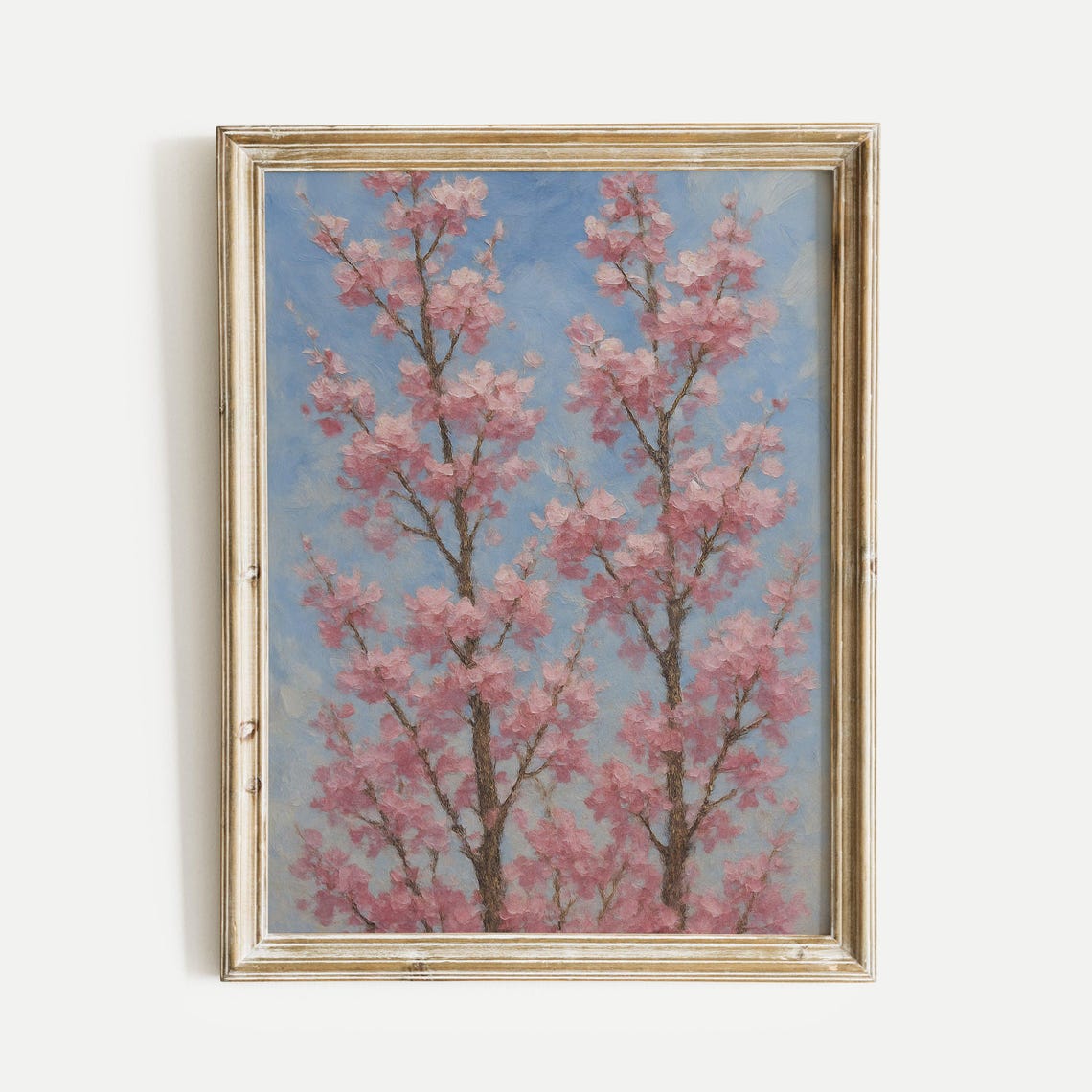 Pink Cherry Blossom Trees Painting Against Soft Blue Sky Poster