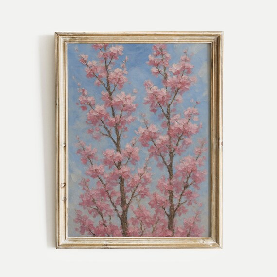 Pink Cherry Blossom Trees Painting Against Soft Blue Sky Poster