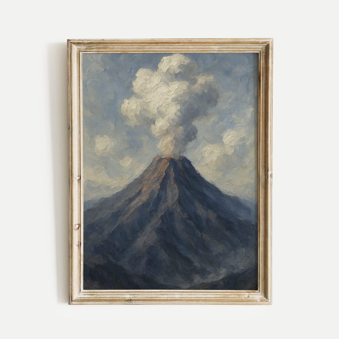 Smoking Volcano Peak Moody Blue Grey Vintage Oil Painting Poster