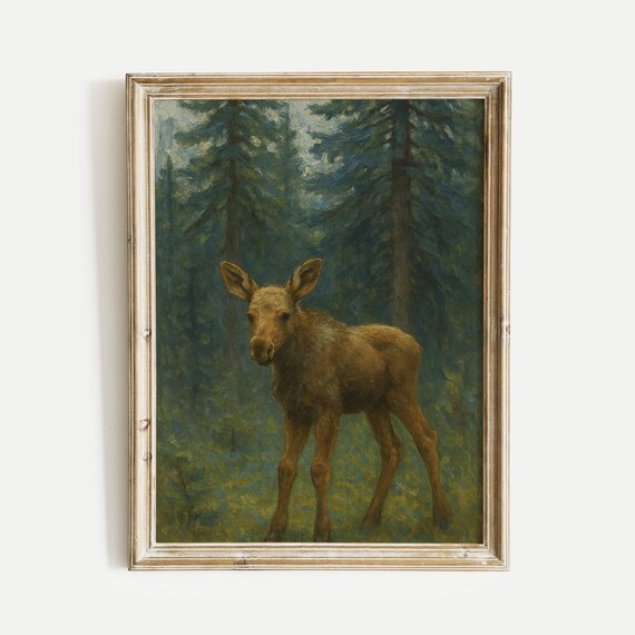 Moose Calf Spruce Trees Oil Painting Print Nature Vintage Wall Art Home And Office Living Room Bedroom Decor