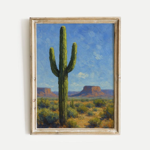 Tall Desert Cactus Oil Painting Print Vintage Wall Art Home And Office Living Room Bedroom Nursery Decor