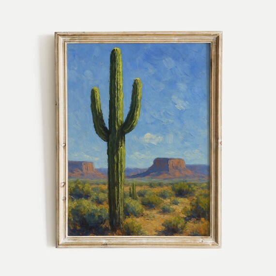 Tall Desert Saguaro Cactus Oil Painting Southwestern Landscape Poster