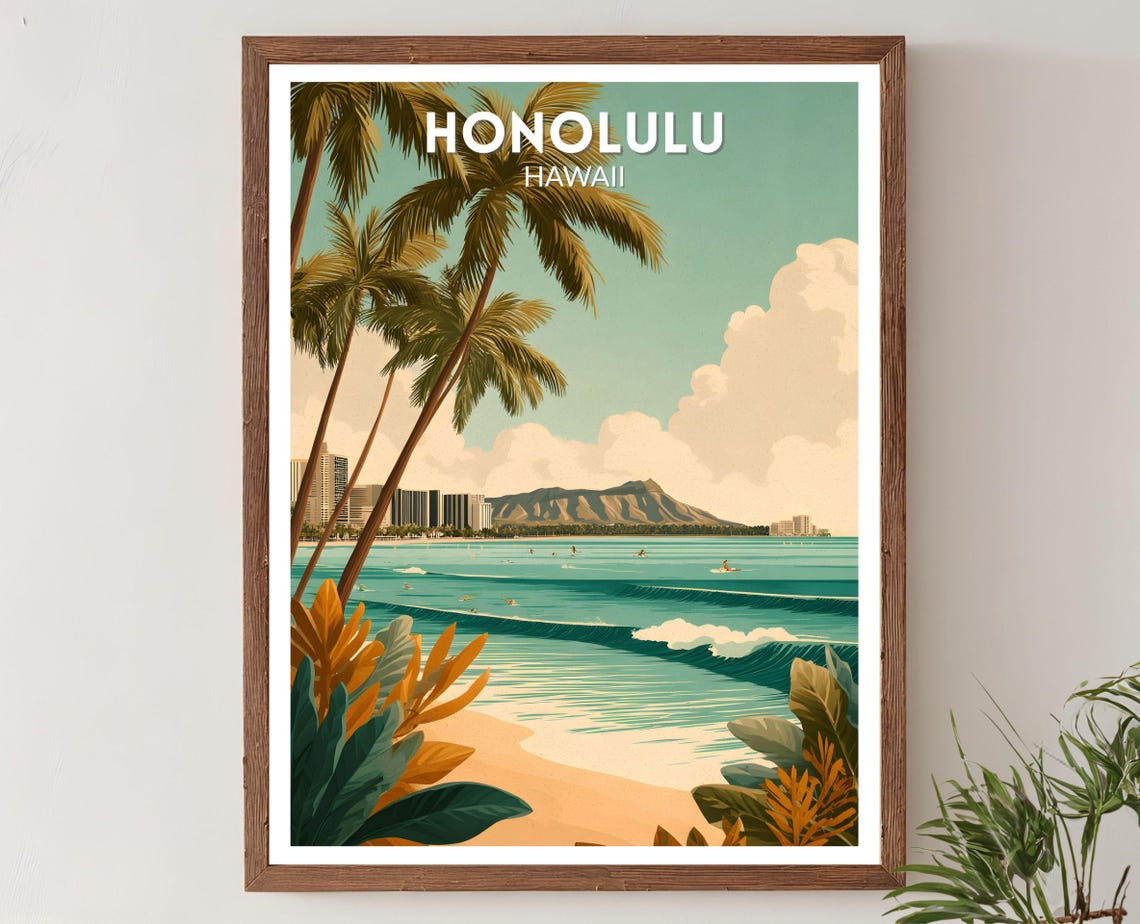 Honolulu Hawaii Waikiki Diamond Head Palm Retro Travel Poster